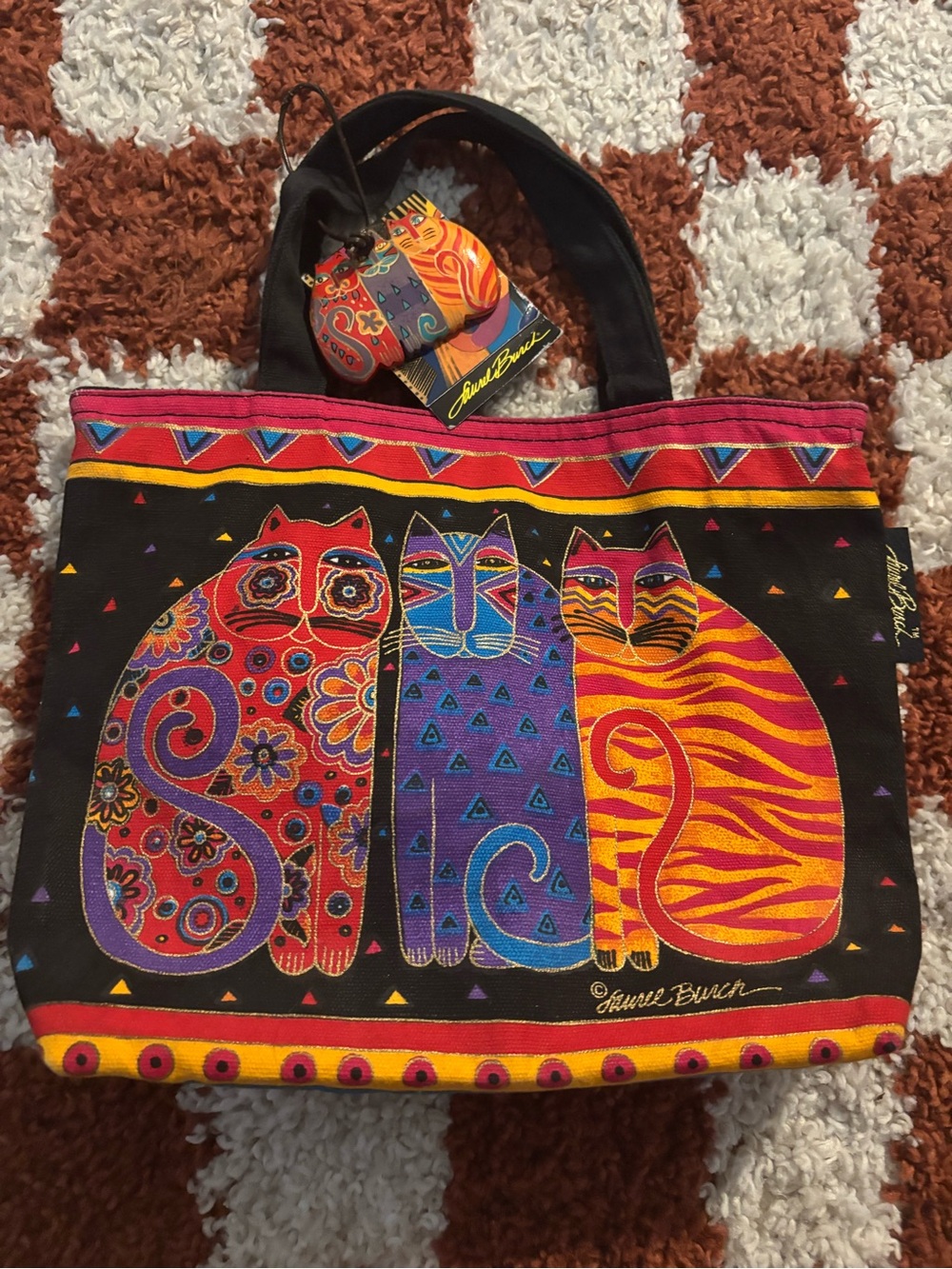 Laurel Burch Black Multicolor Trio Cat Canvas Tote